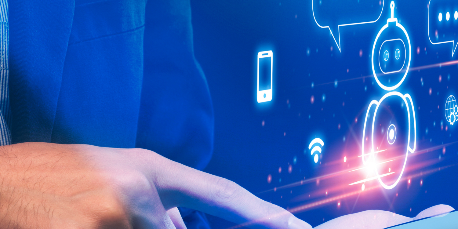 A man using a chatbot on a smartphone in a futuristic style